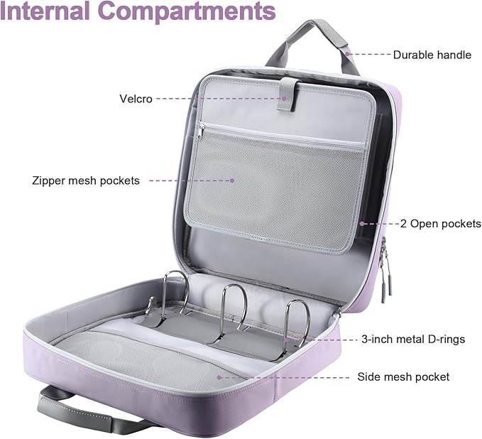 3 Ring Zipper Binder 3 Inch D-Ring, Binder with Strap 700 Sheet Capacity & Multi-Pockets School and Office Organizer, Compatible with 13-Inch MacBook (Patent Design Purple)