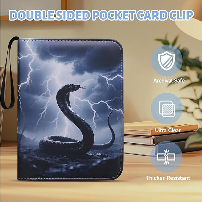 Cool Black Serpent Trading Card Binder 9 Pocket PU Case with 900 Side-Loading Pockets, Removable Sleeves Perfect for Storing Game Cards, Sports Cards, Business Cards