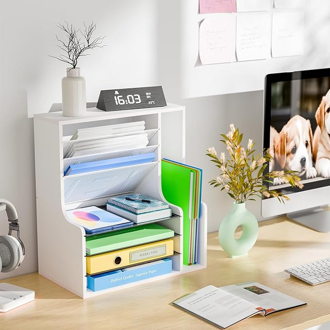 Simple Trending 7 Tier Desk File Organizer, Wooden Letter Tray Paper Organizer with Adjustable File Holder, Mesh Desktop Organizer and Storage for Office Supplies, White