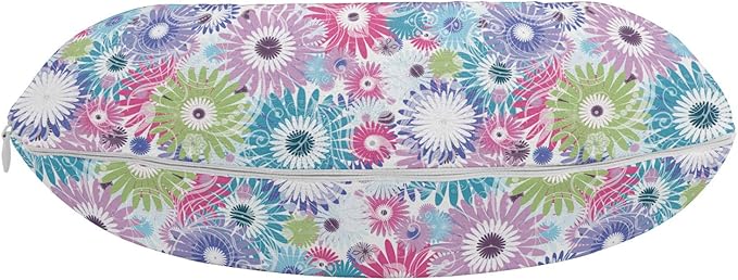 Ambesonne Floral Travel Pillow Neck Rest, Colorful Pastel Pattern with Flowers and Vintage Curls Ornate Style Gerbera Daisies, Memory Foam Traveling Accessory for Airplane and Car, 12", Purple Green
