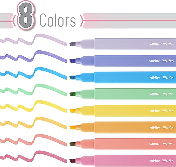 Mr. Pen Aesthetic Highlighters, 8 pcs, Chisel Tip, Assorted Colors, No Bleed Bible Highlighters (Pack of 2)