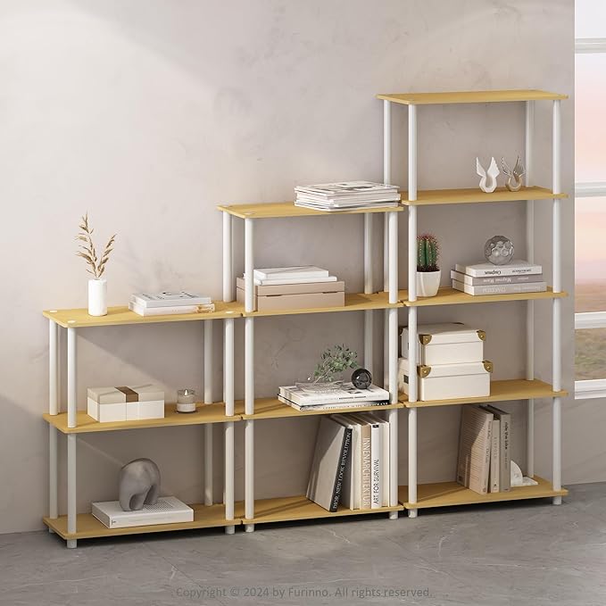 Furinno Turn-N-Tube Book Shelf, 5-Tier Bookshelf, Bookcase with Multipurpose Compact Display Rack, 11.6 x 23.6 x 57.4, for Living Room, Bedroom, Home Office, Beech/White