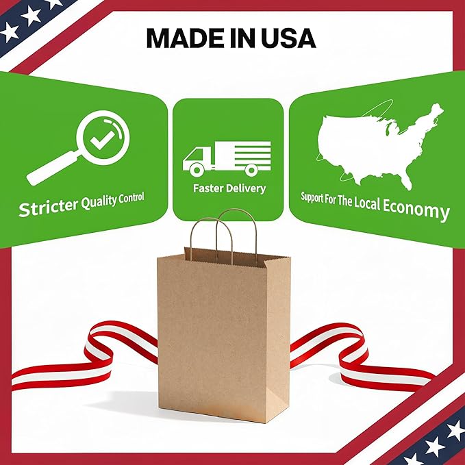 Simple Deluxe Value Pack of 100 Kraft Paper Bags with Handles (10x5x13 Inch) - Made in USA from 90GSM 100% Recycled Paper for Retail, Bulk Savings for Retail, Stores & Gift Packaging