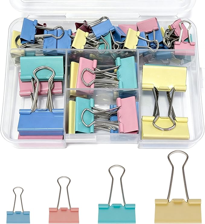 60PCS Colored Binder Clips Assorted Sizes, 4 Sizes Assortment-Includes Large, Medium, Small, Mini Metal Clips (1.26", 1.1", 0.75", 0.6"), Heavy-Duty Metal Paper Clamps for Office & School Supplies