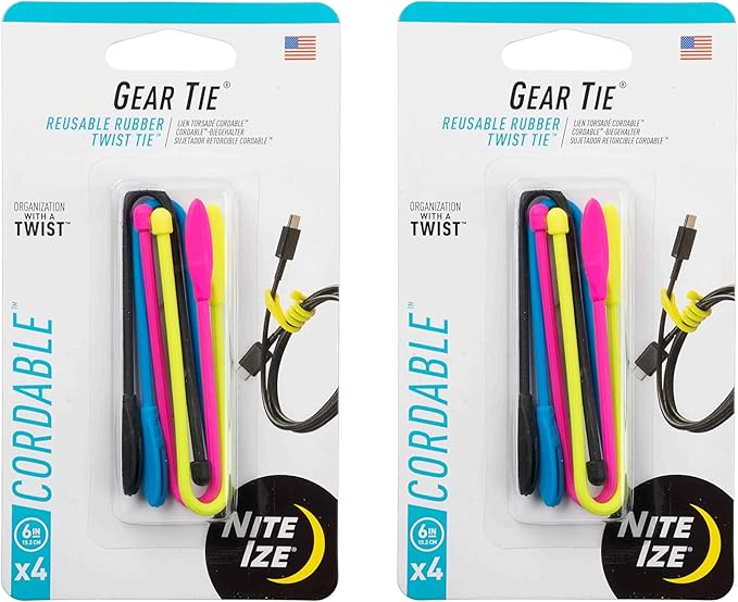 Nite Ize Gear Tie Cordable Twist Tie - Flexible Ties for Cord Management - Reusable Rubber Twist Ties for Wires - Waterproof & UV Resistant - Assorted Colors - 6-inch, 8 Count (2 Pack)