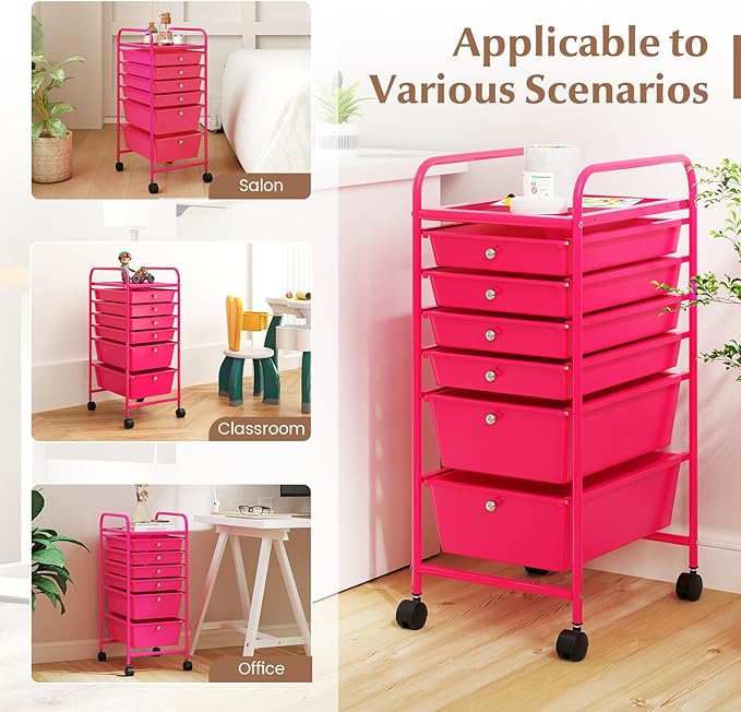 COSTWAY 6-Drawer Rolling Storage Cart, Multifunctional Art Craft Tools Organizer on Wheels, Heavy Duty Utility Mobile Storage Trolley w/ 2 Lockable Wheels for Home Office School, Hot Pink