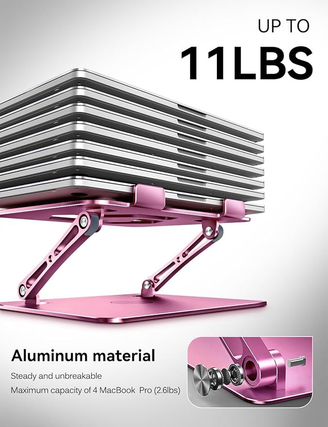 ivoler Adjustable Laptop Stand with 360° Rotating Base, Ergonomic Laptop Stand for Desk, Foldable & Portable Laptop Riser, Suitable for Collaborative Work, Fit MacBook Laptops up to 16 inches[Pink]