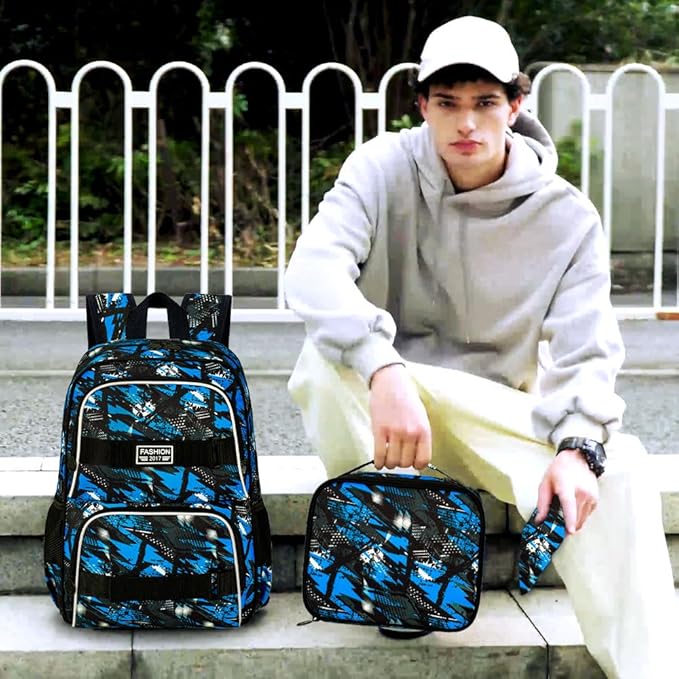 3PCS Boys Backpack, 17" Water Resistant School Bag with Lunch Box, Cute School Bag Set for College Teenagers High Middle Elementary - Graffiti Blue