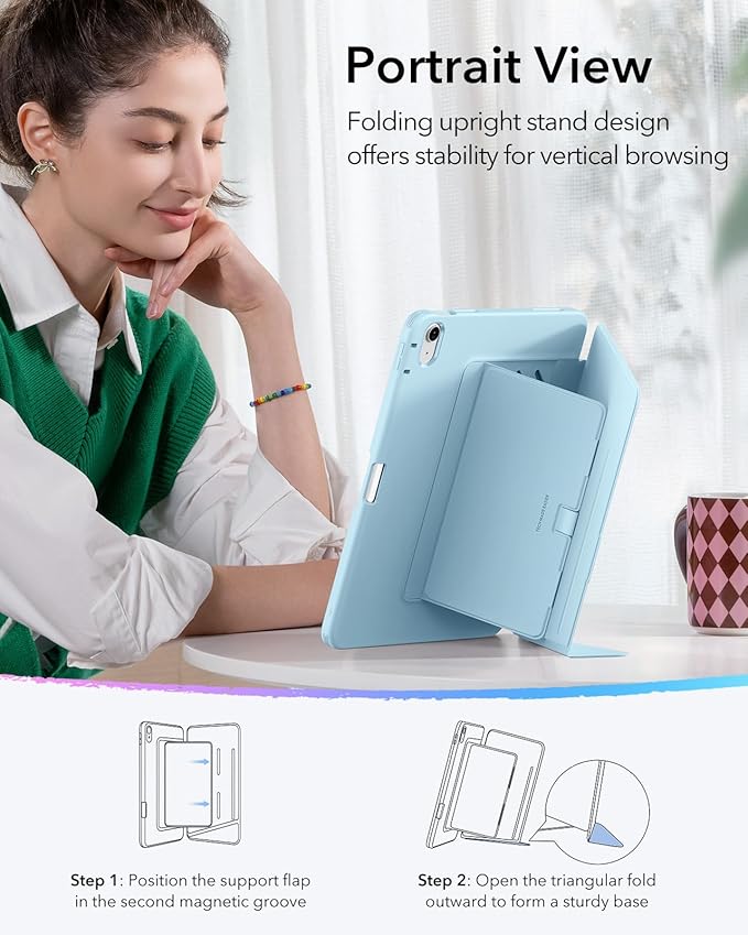 ESR for iPad A16 Case, iPad 11th/10th Generation Case (2025/2022), Vertical Stand Cover, Multi Stand Angles, Ultra-Stable Cover with Pencil Holder, Flip Series, Sky Blue