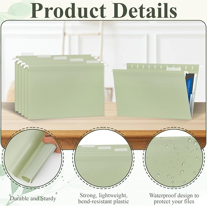 Letter Size Green Hanging File Folders Hanging Document Folder Plastic Transparent Hanging File Folder for File Cabinets Document Filing (20, Sage Green)