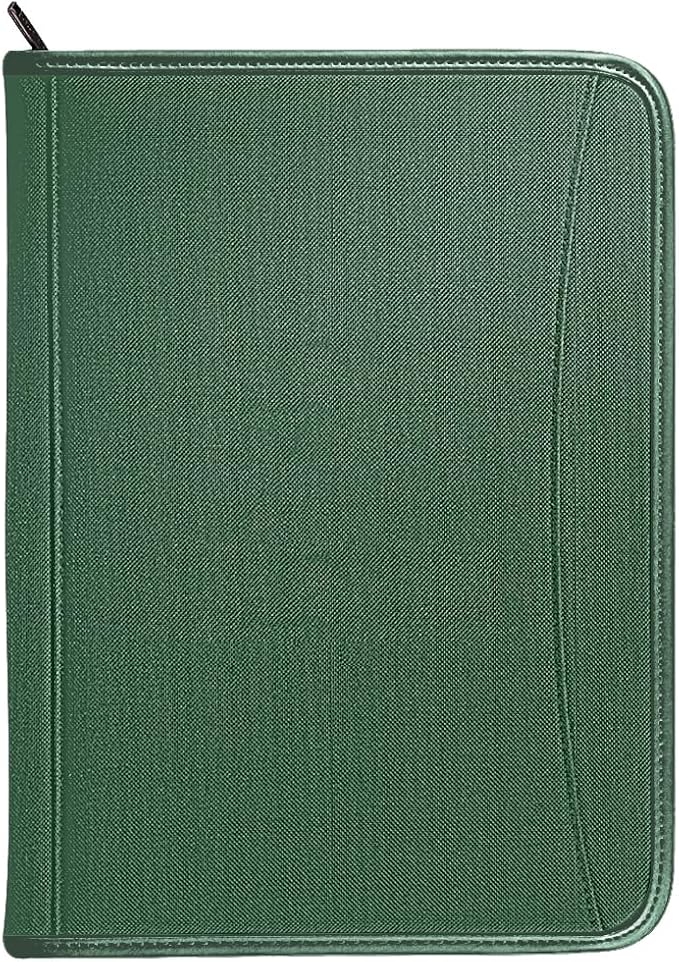 Zippered Portfolio Organizer/ A4 Refillable Lined Writing Notepad Folder Case/Fabric-Covered Padfolio Binder with Interior Storage Pocket for Men Women.Green