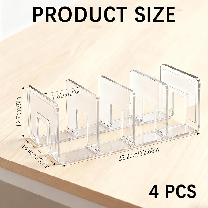 4 Pack Acrylic File Sorter, 4-Section Clear Desktop File Folder Holder Organizer, Thick Office Storage Stand Rack for Book, Envelopes, Mail, Document, Notebook, Binder, Purse, Clutch Divider