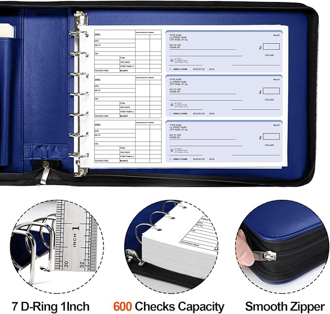 SUNEE Zippered Business Checkbook Binder 7 Ring 1 Inch with Zipper for Business Checks (9" x 13"), PU Leather Check Binder Holds 600 Checks Capacity for Executive Supplies, Blue