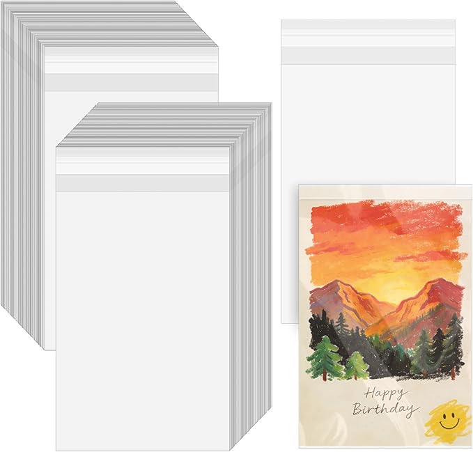200 Pack Cellophane Bags Self Sealing, Resealable Clear Plastic Sleeves for A2 Greeting Cards and Envelope Photos Art Prints Paintings Cookie Candy, 4-5/8 x 5-3/4 Inch