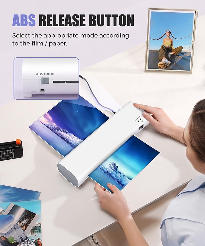 9 Inch Portable Laminator Machine with Anti-Jam Tech, All-in-One A4 Thermal Laminator w/Trimmer & Corner Rounder for Home, Office, School, Business, 40 Sheets Included（White）