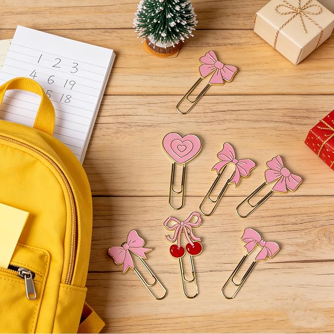 7 PCS Bow Paper Clips Metal Paperclip Large Size Paper Clip Cute Bookmark Colorful Office Supplies Present for Teacher & Students, for Office Home Supplies Gifts Wedding Decoration