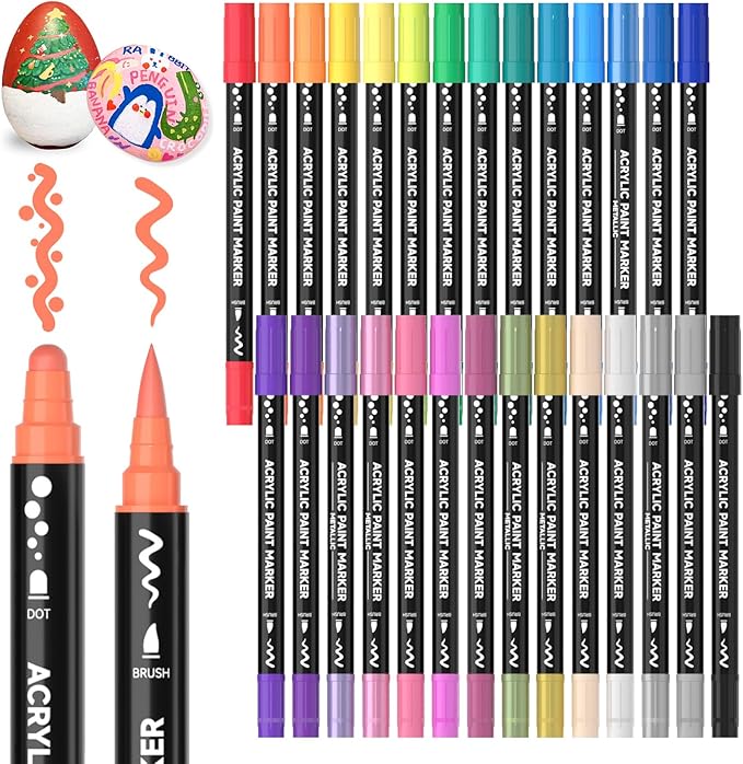 Shuttle Art 28 Colors Dual Tip Acrylic Paint Markers, Brush Tip and Dot Tip Acrylic Paint Pens for Rock, Ceramic, Wood, Canvas, Plastic, Glass, Stone, Calligraphy, Card Making, Crafts & Nail Art