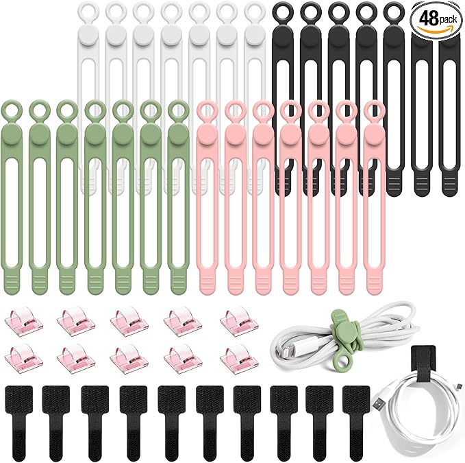 OneLeaf 48Pcs Silicone Cable Ties, Elastic Cord Ties for Cable Organizer, Reusable Wire Management, Cord Organizer Essentials, Multipurpose Cable Management for Travel/Portable/Office/Home Desk
