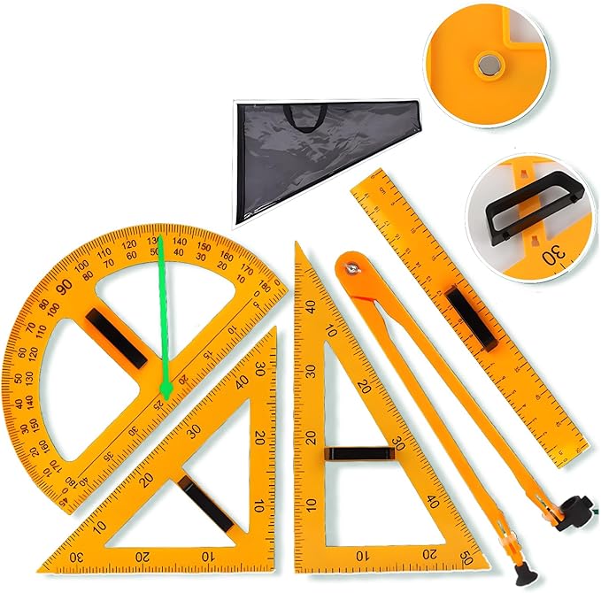 Magnetic Teaching Ruler Set with Multi-Functional Geometry Tools Durable ABS Plastic for Whiteboard Classroom Projects Student Teacher Math Supplies (Yellow 5pcs)