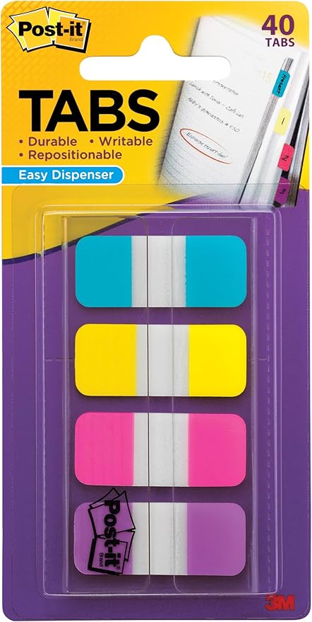 Post-it Tabs, .625 in Solid, Aqua, Yellow, Pink, Violet, 10/Color, 40/Dispenser (676-AYPV) (2 Pack)