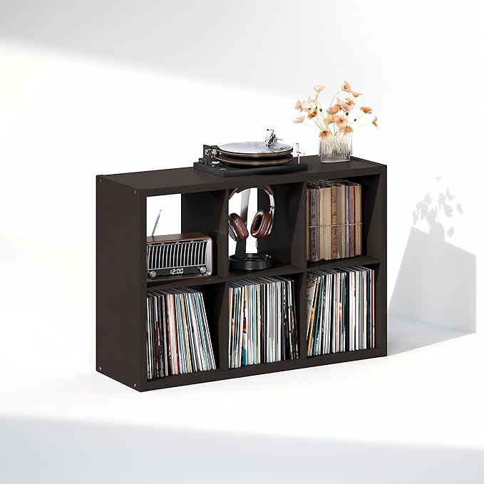 Furinno Cubicle Record Player Stand with Vinyl Storage, 6-Cube 1.2 Extra Thick Vinyl Record Storage, Open Back Media Shelf for CD DVD Blueray Game Disc, for Living Room, Home Office, Black Dark Oak