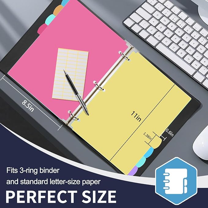8 Tab Plastic Dividers for 3 Ring Binders, Write & Erase, Tabbed File Dividers with Tabs, Fits 8.5X 11'' Letter Size Paper, Assorted Color, 3 Set