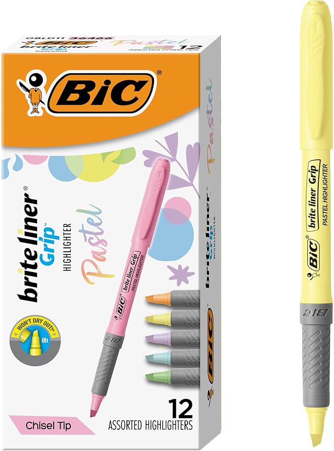 BIC Brite Liner Grip Pastel Highlighter Set, Chisel Tip for Fine and Broad Lines, 12-Count Pack in Assorted Colors