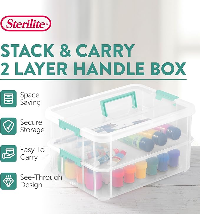 Sterilite 12-Pack Stack & Carry, 2 Layer Handle Box for Home & Office Storage - Clear Base & Lid with Color Latches, Organizer for Art & Craft Supplies, Sewing Tools or 8.5" x 11" Paper