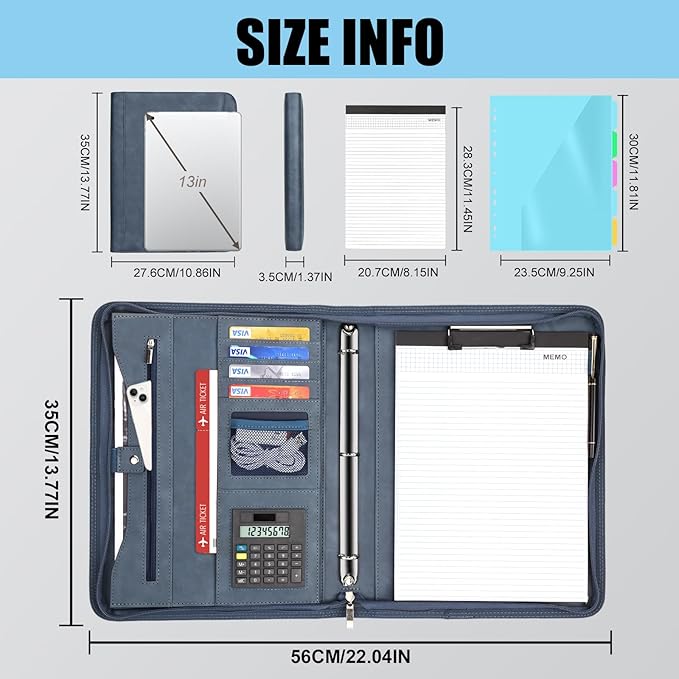 Eshow Portfolio Organizer - 3 Ring Binder with Zipper, Vegan Leather Business Padfolio Folder with Notepad Includes 5 Color Sheet Protectors for Documents Files for Men Women