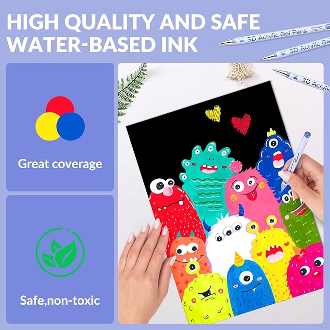 3D Acrylic Gel Pen,48 Colors gel Pens With 1mm Bullet Tip Point, Acrylic Paint Pens for Black Paper,Rock Painting, Glass, Wood, Fabric,Cards,Scrapbook,DIY Art Crafts