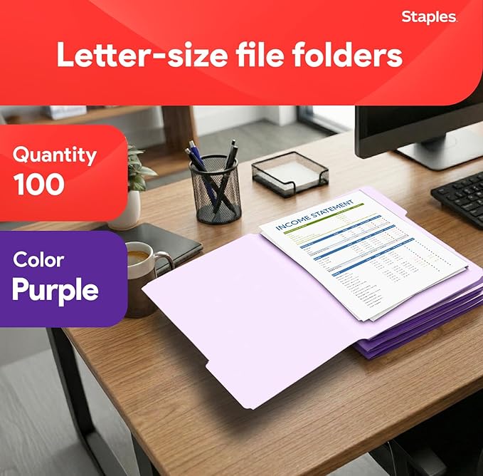 Staples File Folders, Letter Size, 1/3‑Cut Tabs, Purple, Durable 10.5‑Point Paper Stock, 100/Pack