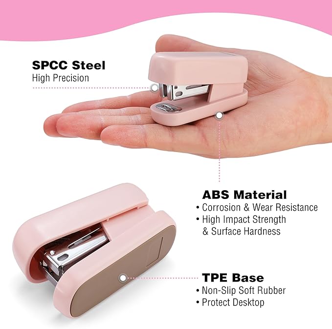 WORKPRO Mini Stapler with Staples, Pink Stapler Set Includes Two Small Staplers, One Staple Remover, 2000 Standard Staples - Cute Staplers for Desk with Non-Slip Base, Lock Design - Pink Ribbon