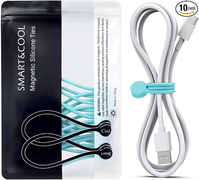 SMART&COOL Reusable Silicone Magnetic Cable Ties for Bundling and Organizing, Holding Stuff, Book Markers, Fridge Magnets, Assorted Color, 7.16'' (10-Pack, Aqua)