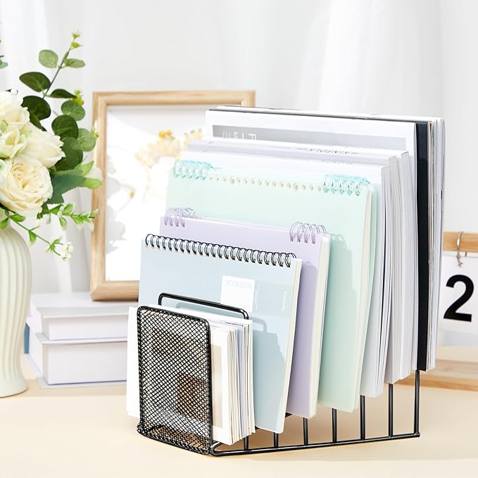 4 Pcs 7 Section Wire File Organizer for Desk, Metal Mesh Incline File Holder, Letter & Magazine Folder Rack, Desktop Paper Sorter for Home Office School (Black)