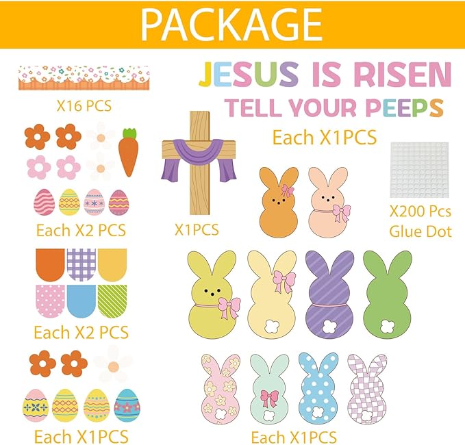 Easter Peeps Bulletin Board Decorations Set 75Pcs Jesus is Risen Cross Christian Easter Classroom Decor with Border Candy Bunny Peeps Eggs Cutout for Chalkboard Wall Door Religious Church Home Office