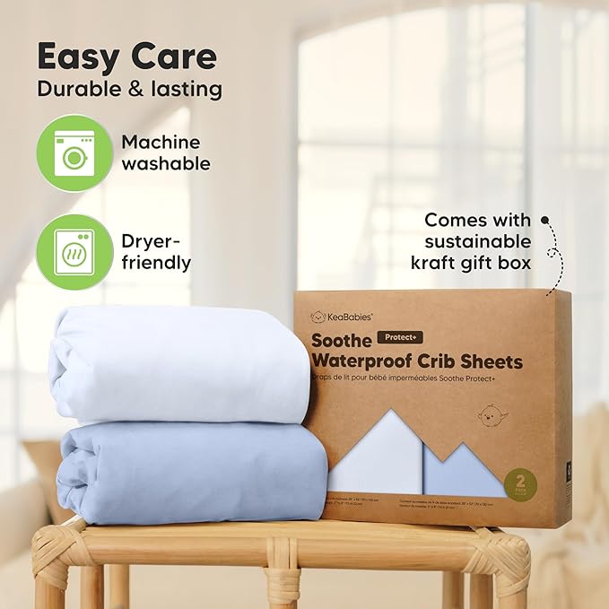 2-Pack Waterproof Crib Sheets for Boys, Girls - 52x28 Fitted Organic Cotton Baby Crib Sheets, Toddler Mattress Protector Cover, Washable, Soft & Durable Baby Bedding Essentials (Blue Flax)