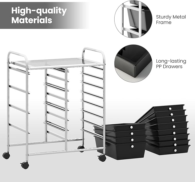 COSTWAY 12 Drawer Rolling Storage Cart, Mobile Utility Cart with Metal Frame, Art Supply Craft Organizer, Multipurpose Storage Organizer for Paper, Office, School Teacher, Classroom, Black