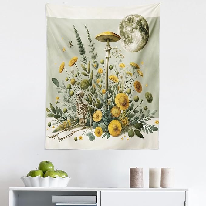 Ambesonne Trippy Tapestry, Bohemian Botany Feel Leafy Jungle Flowers with Skeleton and Moon Ornate, Fabric Wall Hanging Decor for Bedroom Living Room Dorm, 23" X 28", Pale Green Earth Yellow
