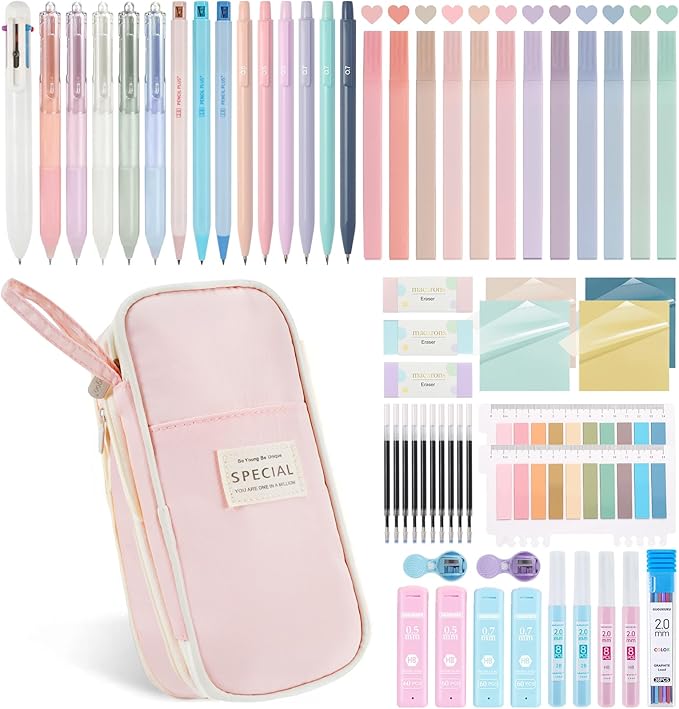58 PCS Aesthetic School Supplies with Cute Pencil Case,12 Pastel Highlighters, 5 Gel Pens Black Ink，9 Mechanical Pencils for，Student Stationary，CollegeEssentials Gifts (pink)