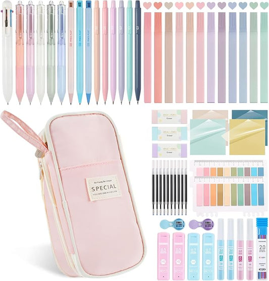 58 PCS Aesthetic School Supplies with Cute Pencil Case,12 Pastel Highlighters, 5 Gel Pens Black Ink，9 Mechanical Pencils for，Student Stationary，CollegeEssentials Gifts (pink)