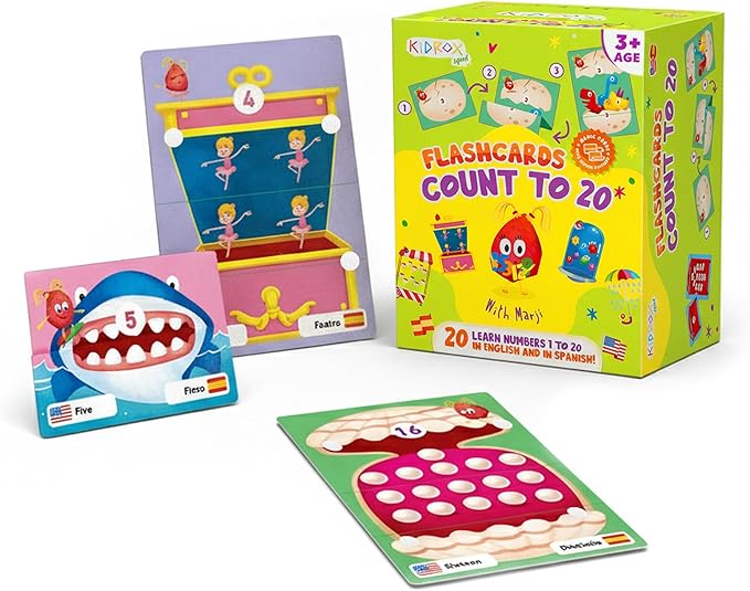 Kidrox Counting Flash Cards Learn to Count 1 to 20, English Number Learning Cards with Spanish Translations Included, Hook & Loop Fasteners