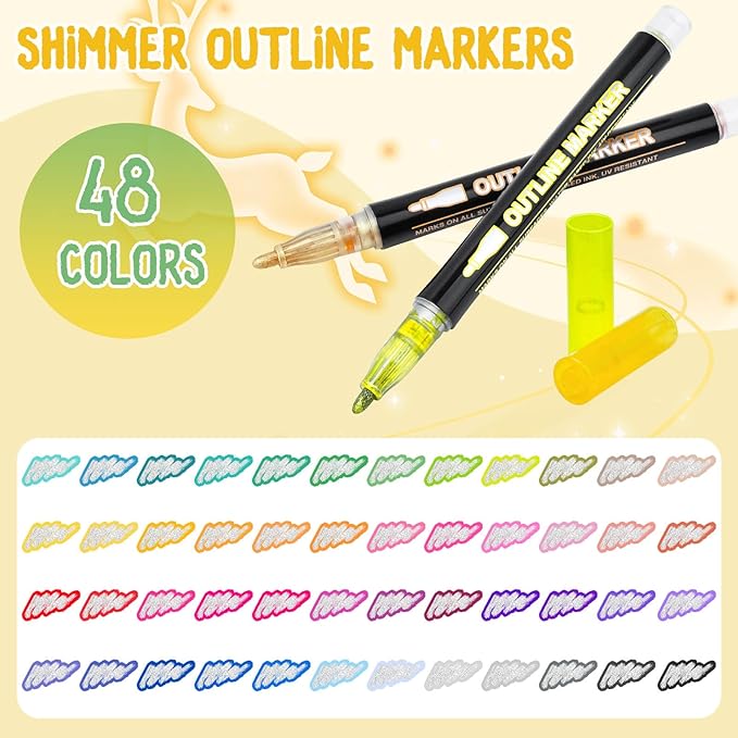 48Colors Outline Glitter Markers, Coloring Shimmer Metallic Markers for Stocking Stuffers, Glitter Gel Drawing Pens Set for Christmas Gifts, Art Supplies, Metallic Sharpie Pens Gifts for Teen Girls