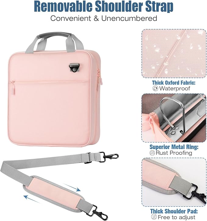 Moko Zipper Binder, 3 Inch 3 Ring Binder with Zipper,700 Sheets Capacity Zipper Binder with Shoulder Strap & Handle,Multi-Pocket Zipper Binder Organizer for Middle School, Pink + Gray