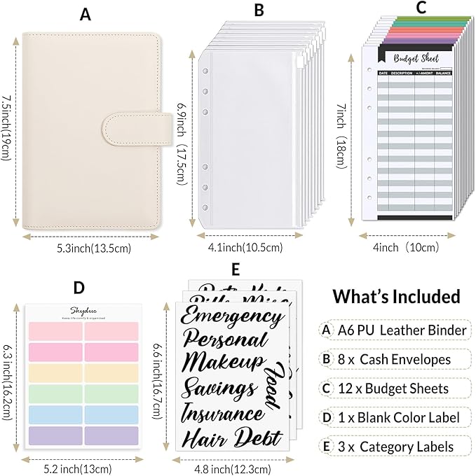 SKYDUE Budget Binder with 8pcs Zipper Envelopes, Money Organizer for Cash with 12pcs Expense Budget Sheets & 24 Blak Sticky Labels, Budget Book with Cash Envelopes (Creamy Oatmeal)