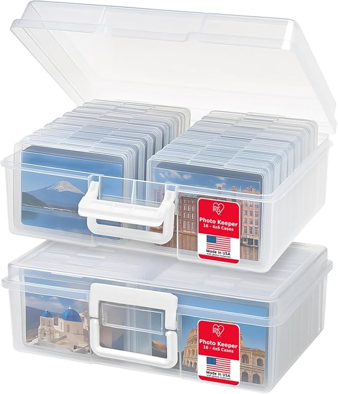IRIS USA 4" x 6" Photo Storage Box Craft Keeper, 2-Pack Organizers with 16 Picture Containers for Tasks, Stickers, Ephemera, & Flashcards, Clear