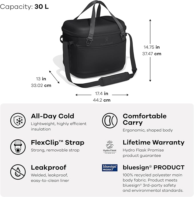 Hydro Flask Carryout Cooler - Insulated Portable Soft Cooler - 30 L Capacity in Black