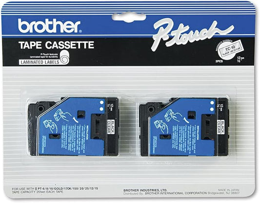 2-pack TC-10 1/2in Black On Clear Tape for Brother PT-6 8 10 12 15 20 150 170