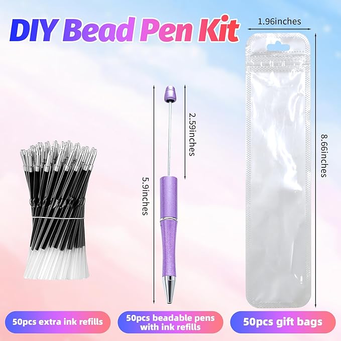 300 Pieces DIY Beadable Pen Kit – 100 Plastic Ballpoint Pens with Refills & Bags – School Supplies, Office Accessories & Decorative Items for Students & Teachers (Purple)