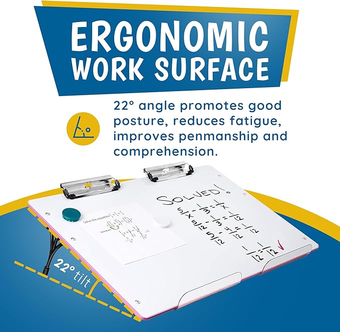 Visual Edge - Slant Board for Writing – Adjustable Magnetic Whiteboard & 22° Angle Ergonomic Desk for Reading, Writing, Drawing and Studying – Portable Tabletop Stand for Students and Teachers - Pink