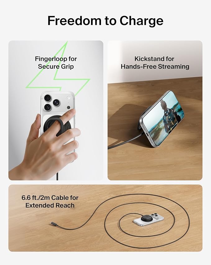 Belkin MagSafe Charger, Magnetic iPhone Charger w/ Qi2 25W, Fast Wireless Charging Pad w/Kickstand for iPhone 17 Series, Samsung Galaxy, Pixel 10, AirPods Pro, Travel - No Power Adapter, Black